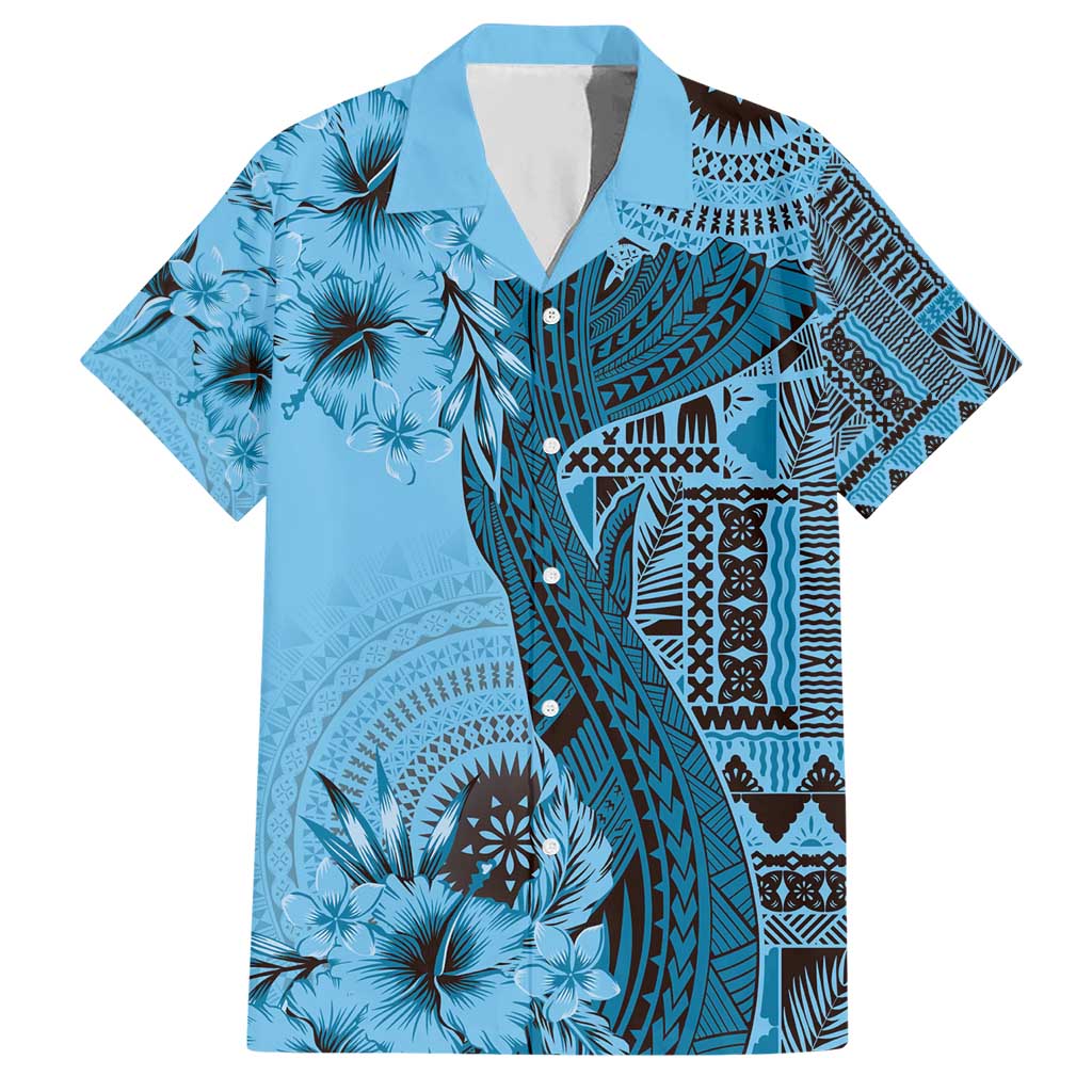 Bula Fiji Hawaiian Shirt Shark Tail Turquoise Masi Tapa LT7 Turquoise - Polynesian Pride