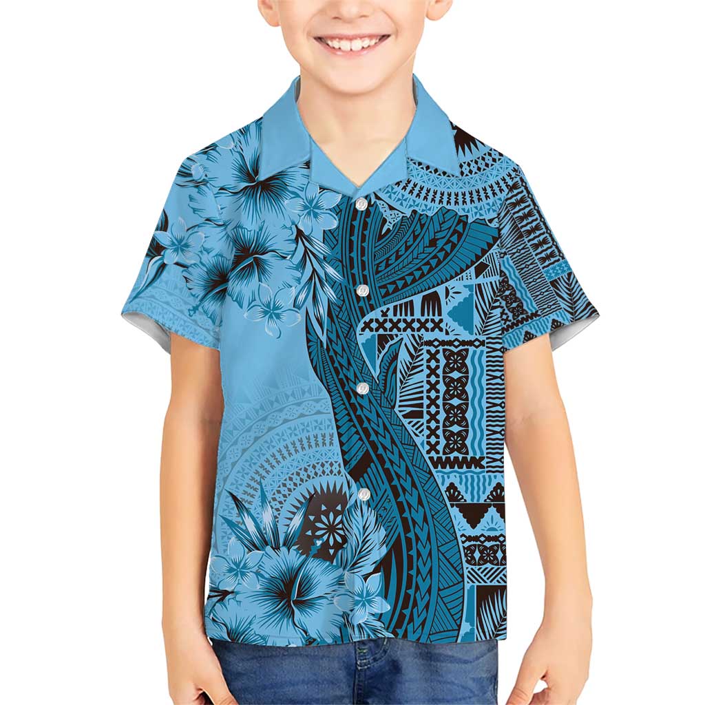 Bula Fiji Kid Hawaiian Shirt Shark Tail Turquoise Masi Tapa LT7 Kid Turquoise - Polynesian Pride