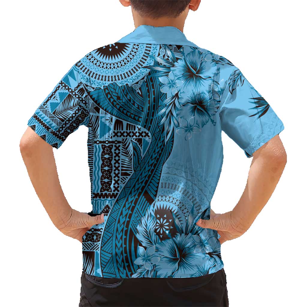 Bula Fiji Kid Hawaiian Shirt Shark Tail Turquoise Masi Tapa LT7 - Polynesian Pride