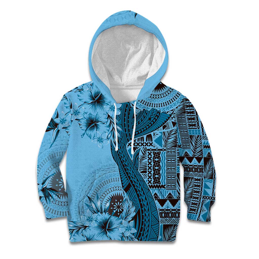 Bula Fiji Kid Hoodie Shark Tail Turquoise Masi Tapa LT7 Hoodie Turquoise - Polynesian Pride