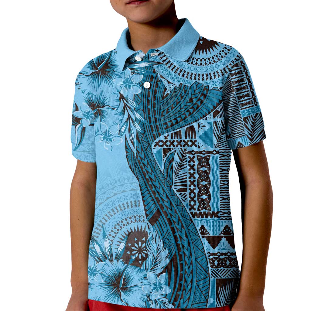 Bula Fiji Kid Polo Shirt Shark Tail Turquoise Masi Tapa LT7 Kid Turquoise - Polynesian Pride