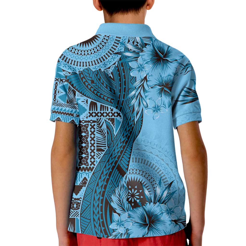 Bula Fiji Kid Polo Shirt Shark Tail Turquoise Masi Tapa LT7 - Polynesian Pride