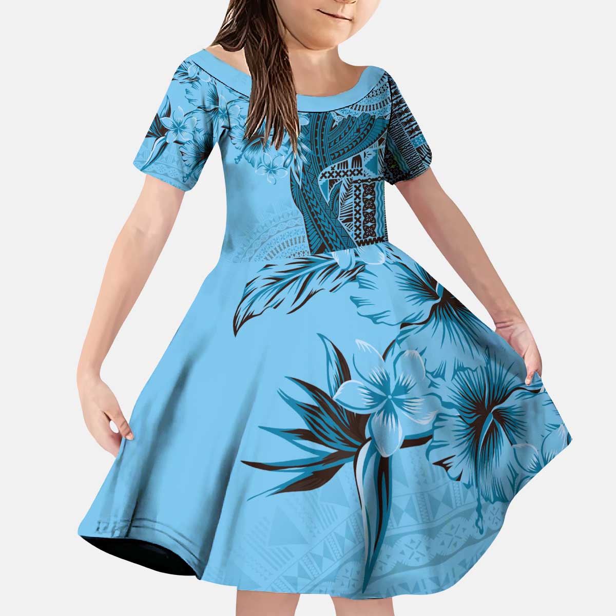 Bula Fiji Kid Short Sleeve Dress Shark Tail Turquoise Masi Tapa LT7 KID Turquoise - Polynesian Pride