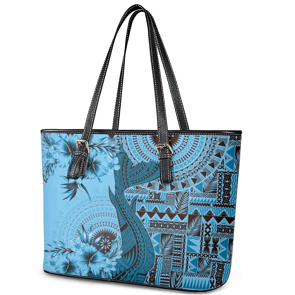 Bula Fiji Leather Tote Bag Shark Tail Turquoise Masi Tapa LT7 - Polynesian Pride