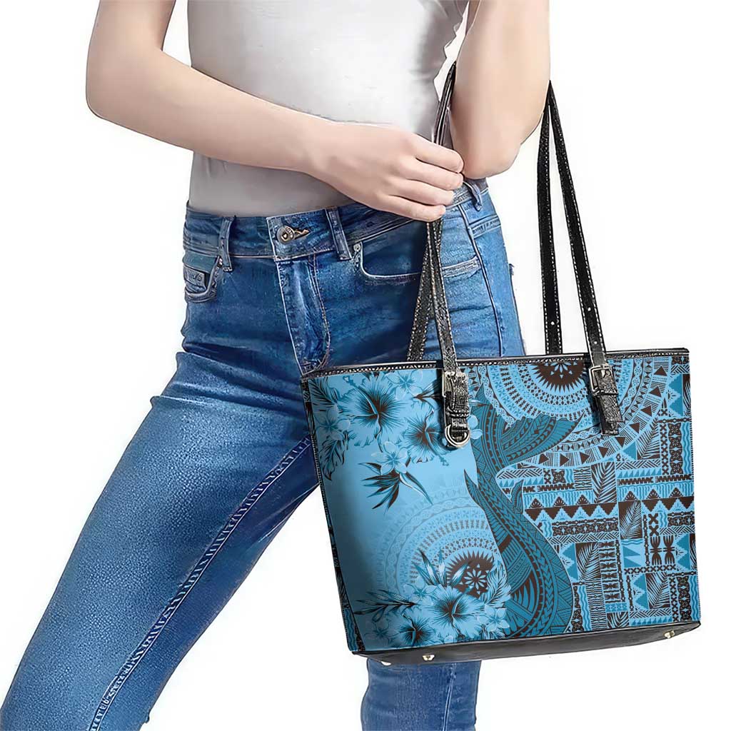 Bula Fiji Leather Tote Bag Shark Tail Turquoise Masi Tapa LT7 - Polynesian Pride
