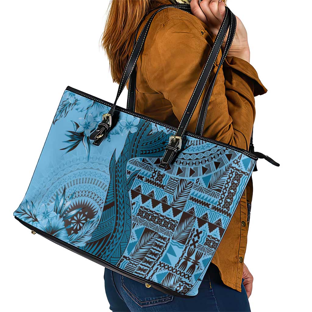 Bula Fiji Leather Tote Bag Shark Tail Turquoise Masi Tapa LT7 - Polynesian Pride