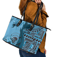 Bula Fiji Leather Tote Bag Shark Tail Turquoise Masi Tapa LT7 - Polynesian Pride