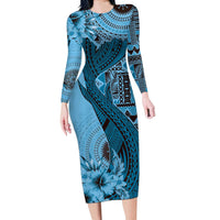 Bula Fiji Long Sleeve Bodycon Dress Shark Tail Turquoise Masi Tapa LT7 Long Dress Turquoise - Polynesian Pride