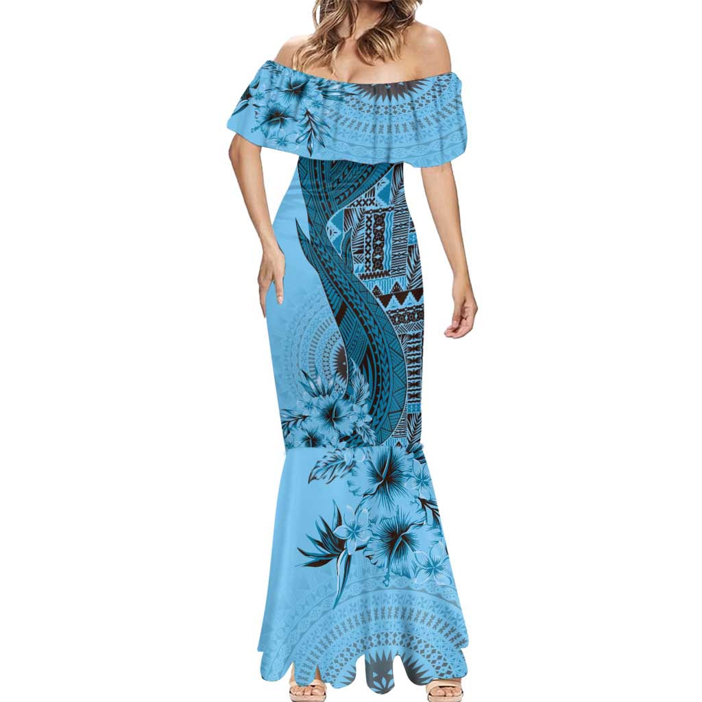Bula Fiji Mermaid Dress Shark Tail Turquoise Masi Tapa LT7 - Polynesian Pride
