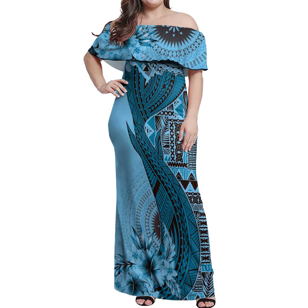 Bula Fiji Off Shoulder Maxi Dress Shark Tail Turquoise Masi Tapa LT7 Women Turquoise - Polynesian Pride