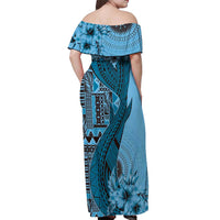 Bula Fiji Off Shoulder Maxi Dress Shark Tail Turquoise Masi Tapa LT7 - Polynesian Pride
