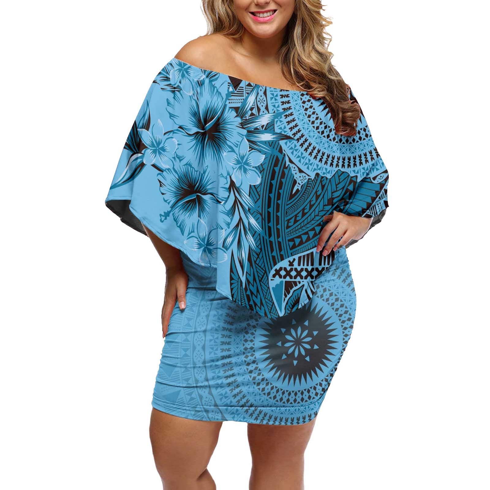 Bula Fiji Off Shoulder Short Dress Shark Tail Turquoise Masi Tapa LT7 Women Turquoise - Polynesian Pride