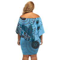 Bula Fiji Off Shoulder Short Dress Shark Tail Turquoise Masi Tapa LT7 - Polynesian Pride
