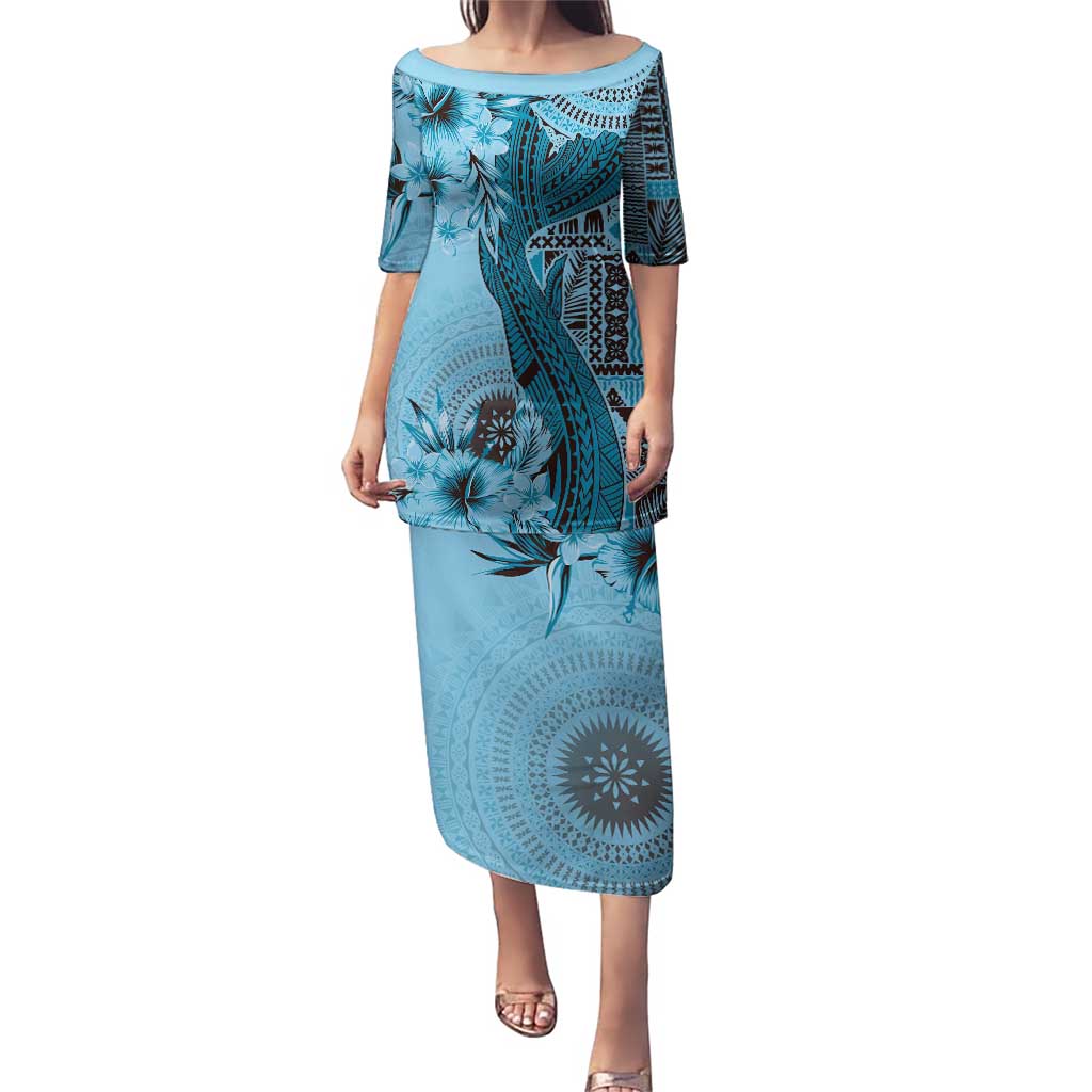 Bula Fiji Puletasi Shark Tail Turquoise Masi Tapa LT7 Long Dress Turquoise - Polynesian Pride