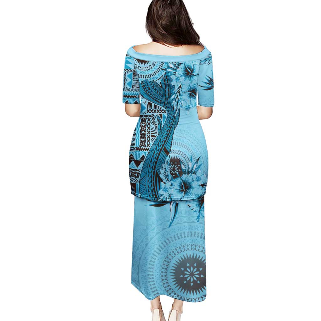 Bula Fiji Puletasi Shark Tail Turquoise Masi Tapa LT7 - Polynesian Pride