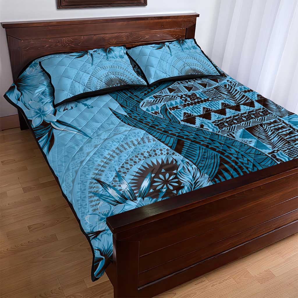 Bula Fiji Quilt Bed Set Shark Tail Turquoise Masi Tapa LT7 - Polynesian Pride