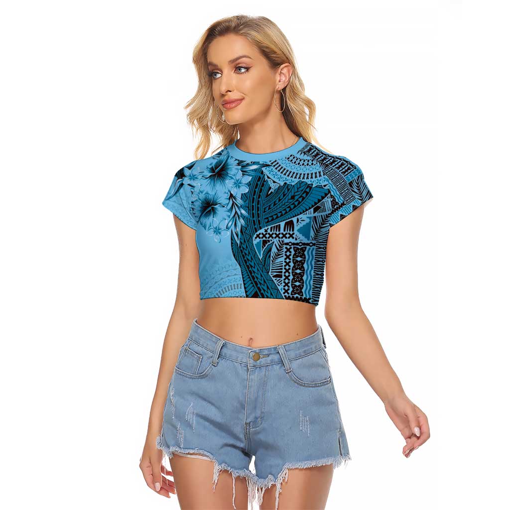 Bula Fiji Raglan Cropped T Shirt Shark Tail Turquoise Masi Tapa LT7 Female Turquoise - Polynesian Pride