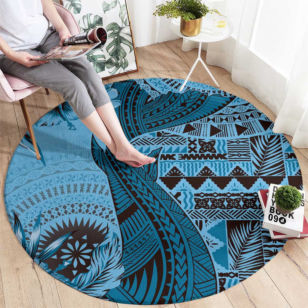Bula Fiji Round Carpet Shark Tail Turquoise Masi Tapa LT7 - Polynesian Pride