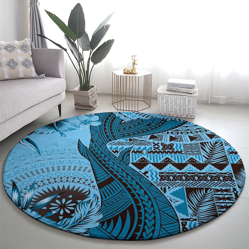 Bula Fiji Round Carpet Shark Tail Turquoise Masi Tapa LT7 - Polynesian Pride