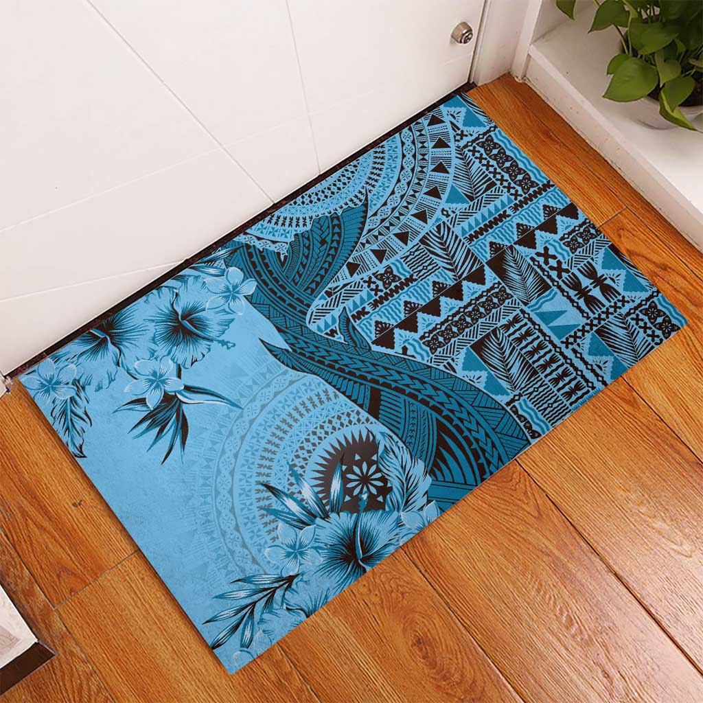 Bula Fiji Rubber Doormat Shark Tail Turquoise Masi Tapa LT7 - Polynesian Pride