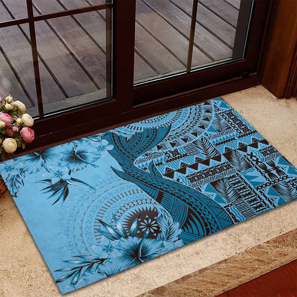 Bula Fiji Rubber Doormat Shark Tail Turquoise Masi Tapa LT7 - Polynesian Pride