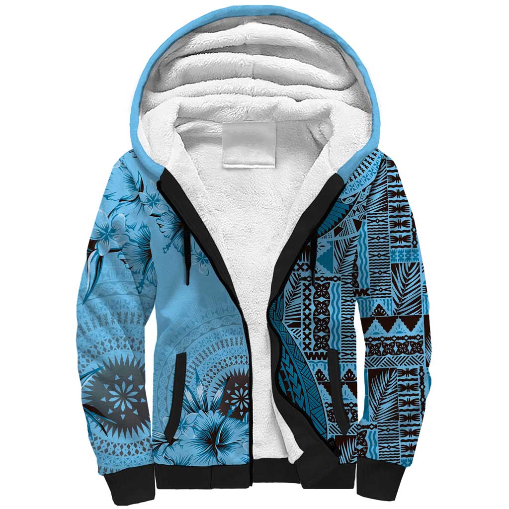 Bula Fiji Sherpa Hoodie Shark Tail Turquoise Masi Tapa LT7 Unisex Turquoise - Polynesian Pride