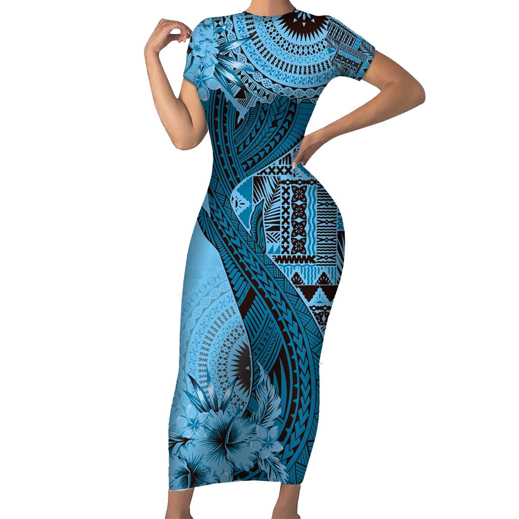 Bula Fiji Short Sleeve Bodycon Dress Shark Tail Turquoise Masi Tapa LT7 Long Dress Turquoise - Polynesian Pride