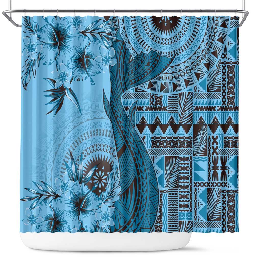 Bula Fiji Shower Curtain Shark Tail Turquoise Masi Tapa