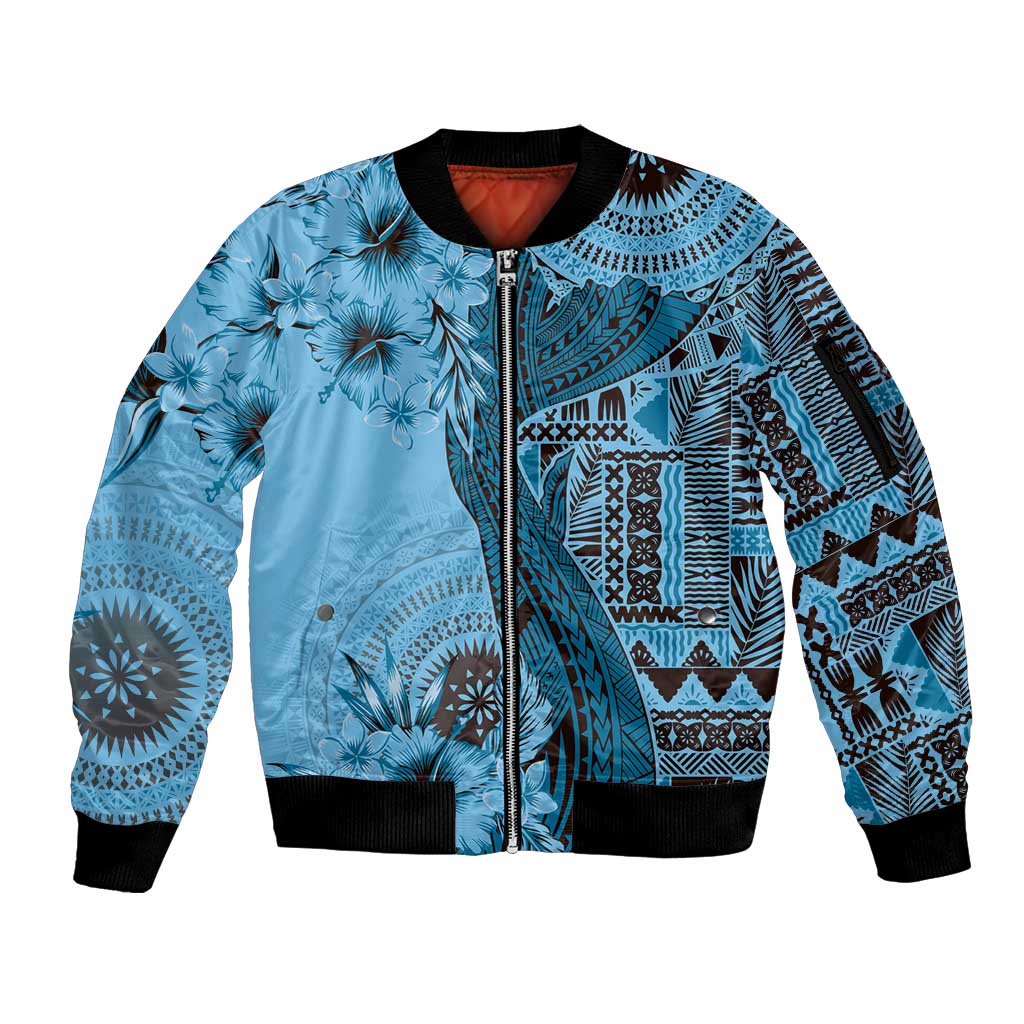 Bula Fiji Sleeve Zip Bomber Jacket Shark Tail Turquoise Masi Tapa LT7 Unisex Turquoise - Polynesian Pride