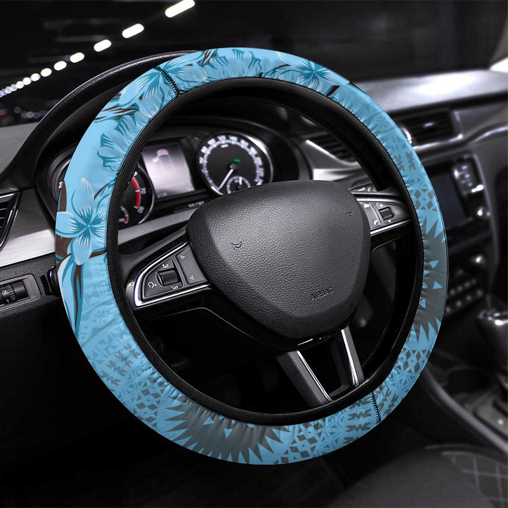 Bula Fiji Steering Wheel Cover Shark Tail Turquoise Masi Tapa LT7 Universal Fit Turquoise - Polynesian Pride