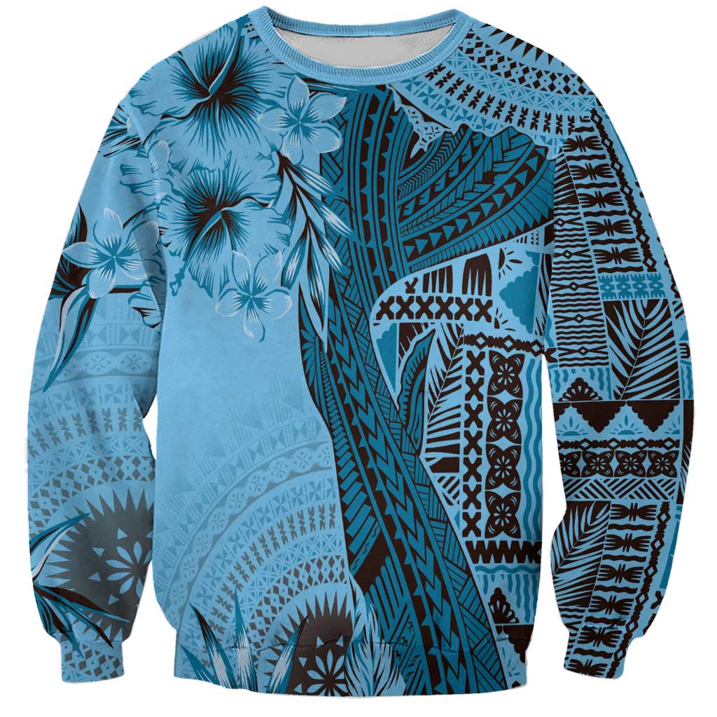 Bula Fiji Sweatshirt Shark Tail Turquoise Masi Tapa LT7 Unisex Turquoise - Polynesian Pride