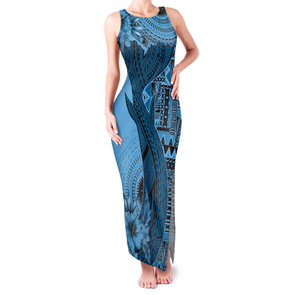 Bula Fiji Tank Maxi Dress Shark Tail Turquoise Masi Tapa LT7 Women Turquoise - Polynesian Pride