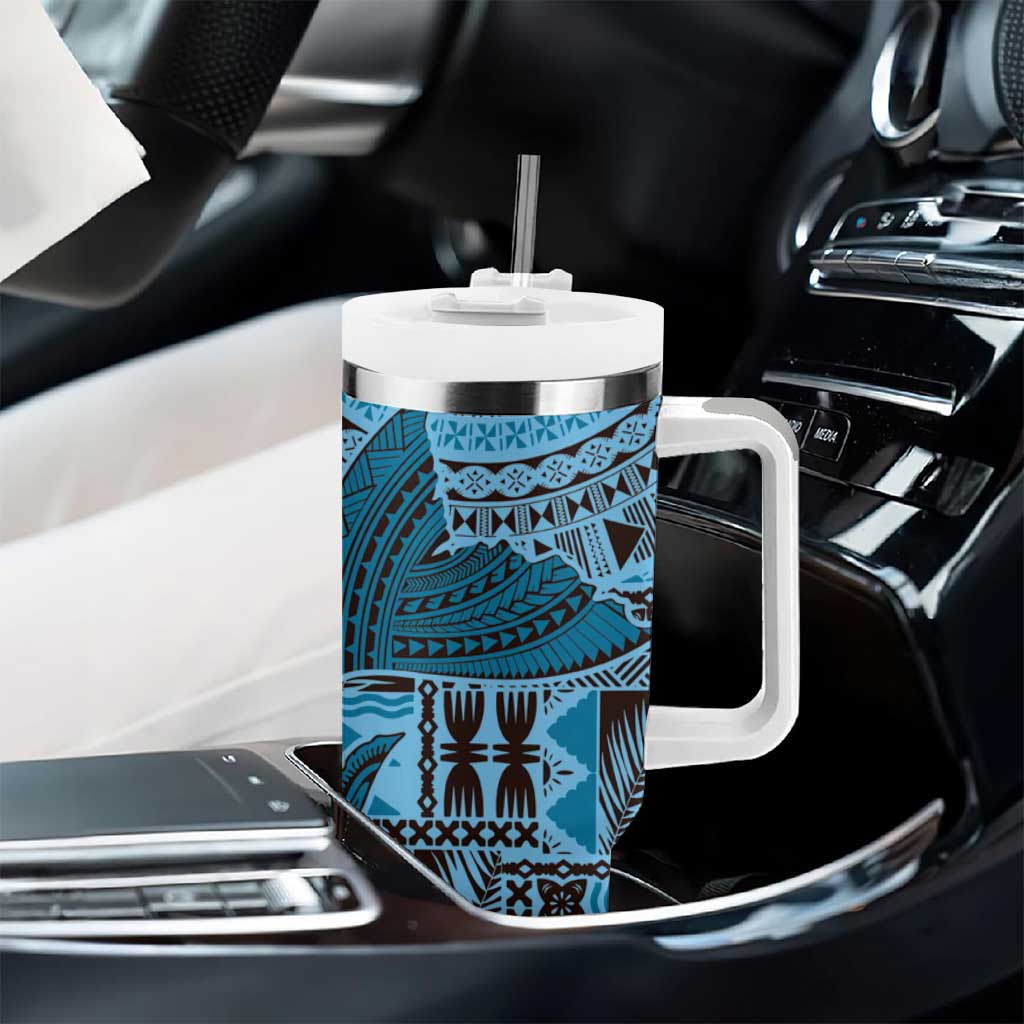 Bula Fiji Personalised Tumbler With Handle Shark Tail Turquoise Masi Tapa LT7 - Polynesian Pride