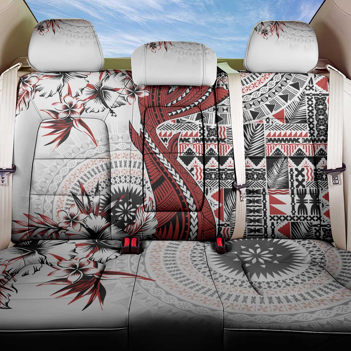 Bula Fiji Back Car Seat Cover Shark Tail White Masi Tapa LT7 One Size White - Polynesian Pride