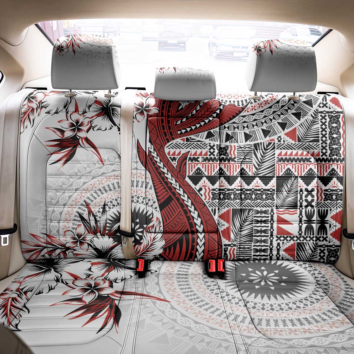Bula Fiji Back Car Seat Cover Shark Tail White Masi Tapa LT7 - Polynesian Pride