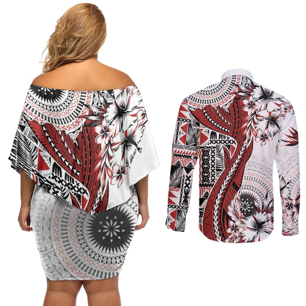 Bula Fiji Couples Matching Off Shoulder Short Dress and Long Sleeve Button Shirt Shark Tail White Masi Tapa LT7 - Polynesian Pride