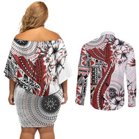 Bula Fiji Couples Matching Off Shoulder Short Dress and Long Sleeve Button Shirt Shark Tail White Masi Tapa LT7 - Polynesian Pride