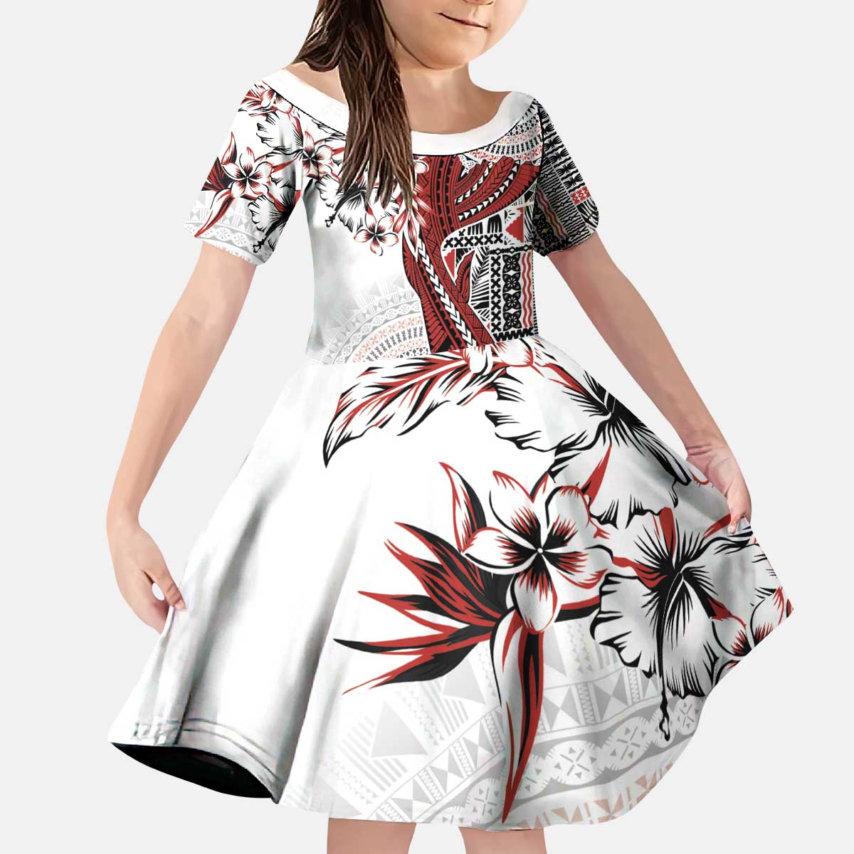 Bula Fiji Kid Short Sleeve Dress Shark Tail White Masi Tapa LT7 KID White - Polynesian Pride