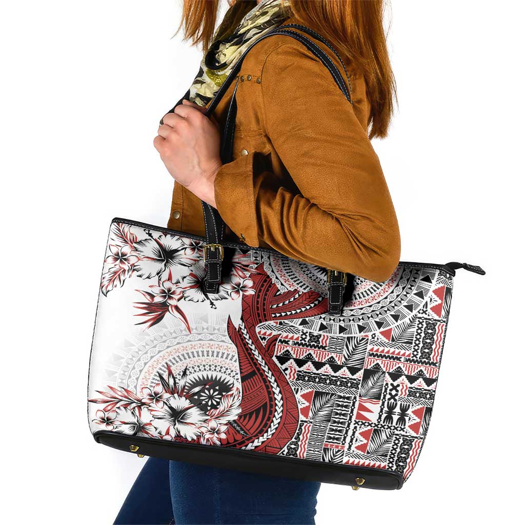 Bula Fiji Leather Tote Bag Shark Tail White Masi Tapa LT7 White - Polynesian Pride