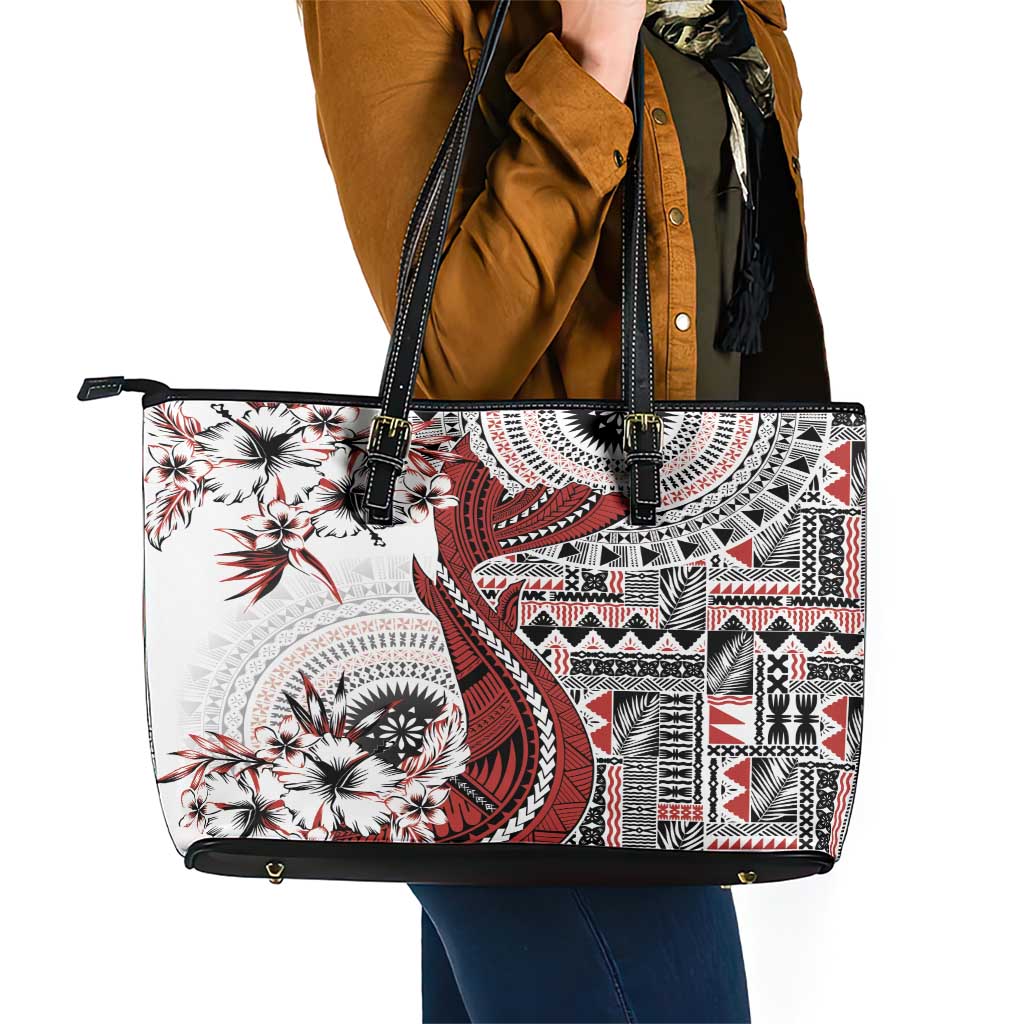 Bula Fiji Leather Tote Bag Shark Tail White Masi Tapa LT7 - Polynesian Pride