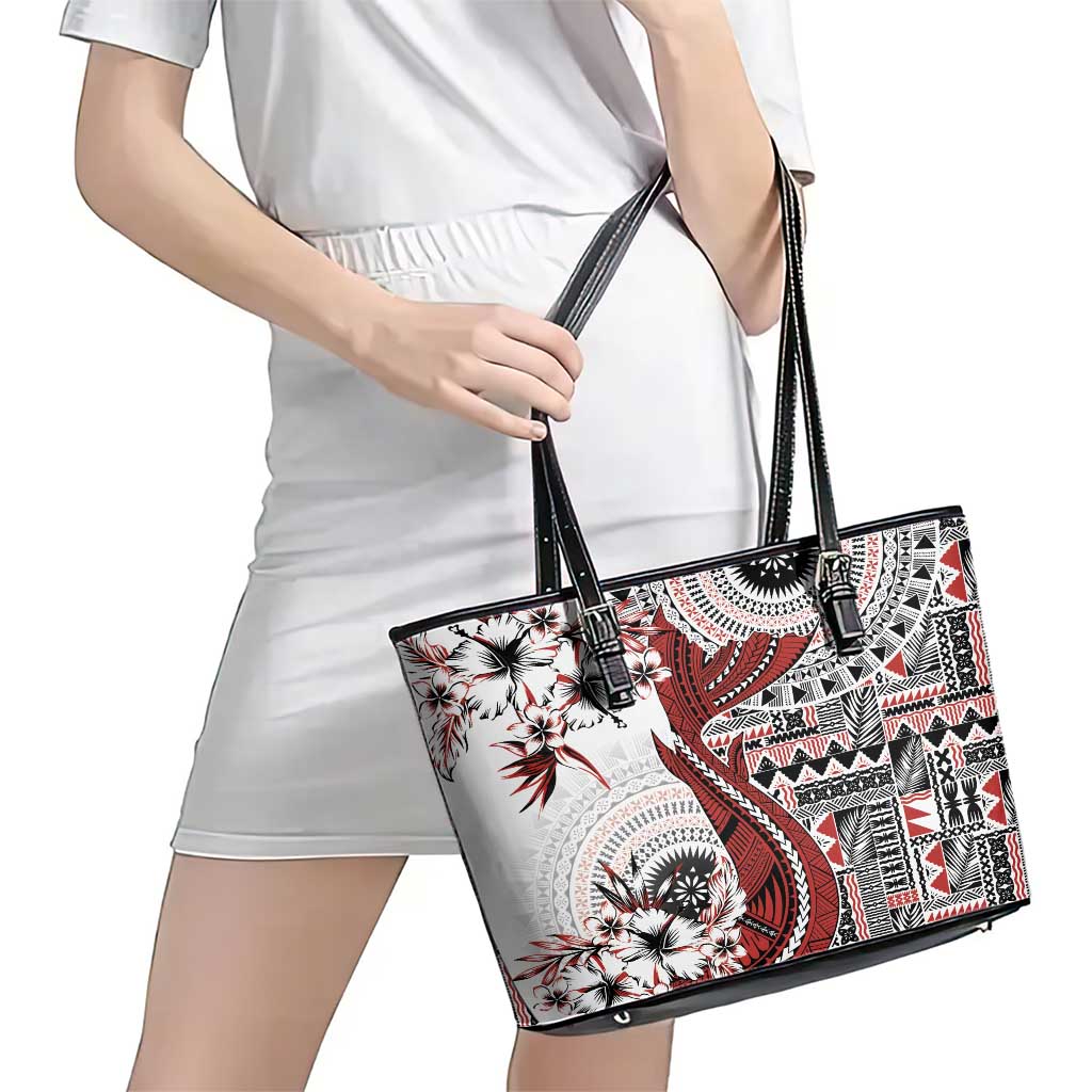 Bula Fiji Leather Tote Bag Shark Tail White Masi Tapa LT7 - Polynesian Pride