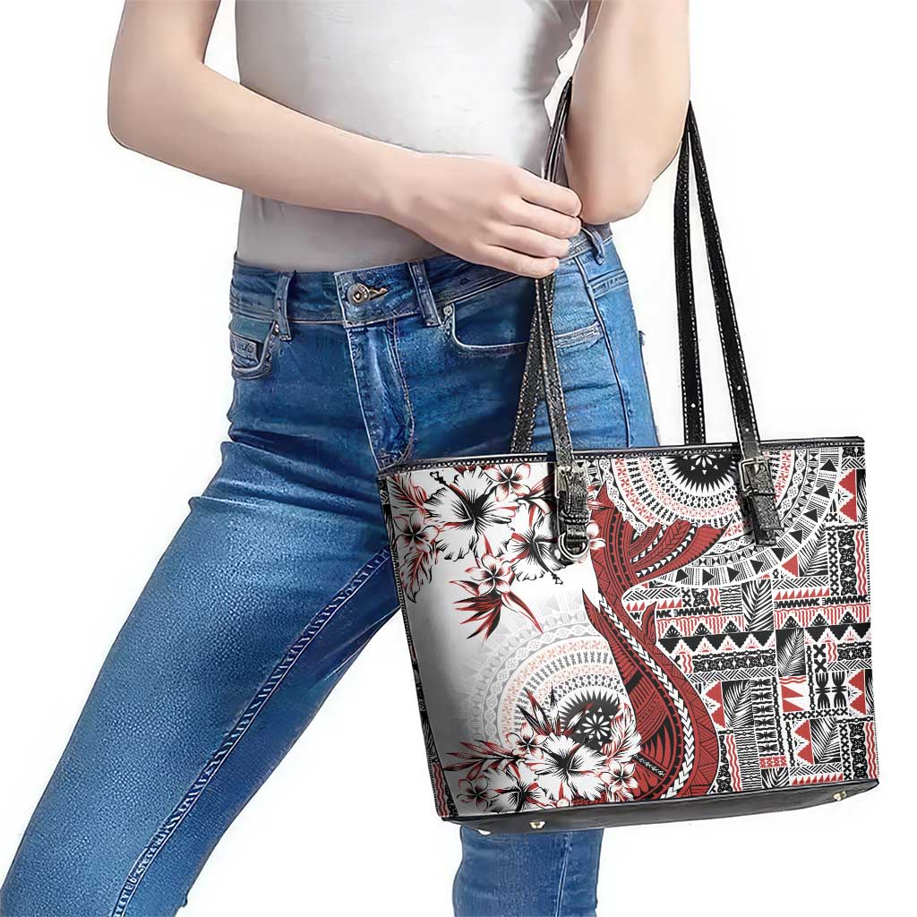 Bula Fiji Leather Tote Bag Shark Tail White Masi Tapa LT7 - Polynesian Pride
