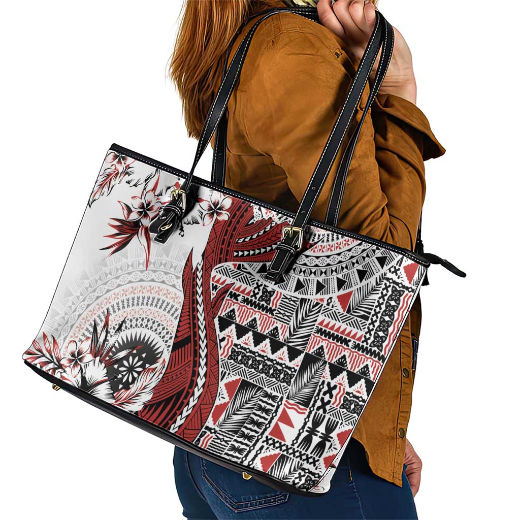 Bula Fiji Leather Tote Bag Shark Tail White Masi Tapa LT7 - Polynesian Pride