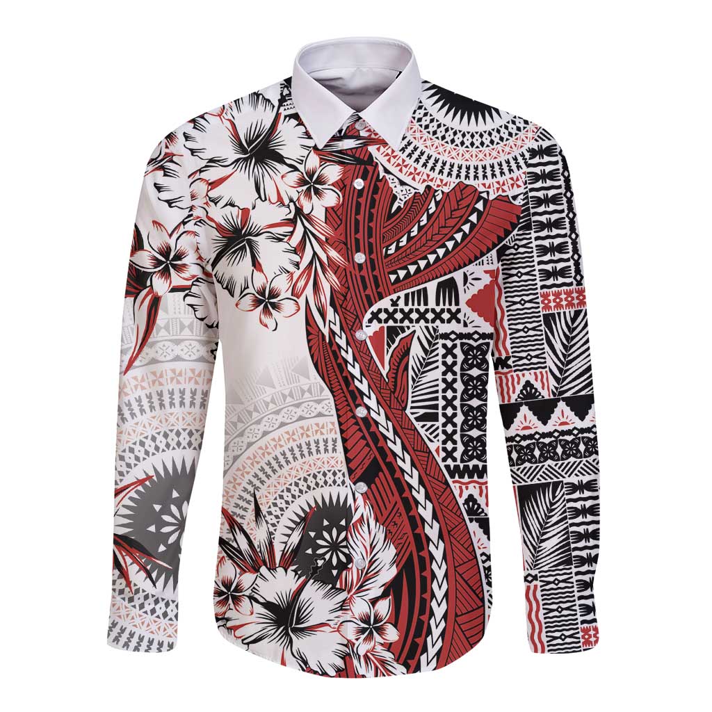 Bula Fiji Long Sleeve Button Shirt Shark Tail White Masi Tapa LT7 Unisex White - Polynesian Pride
