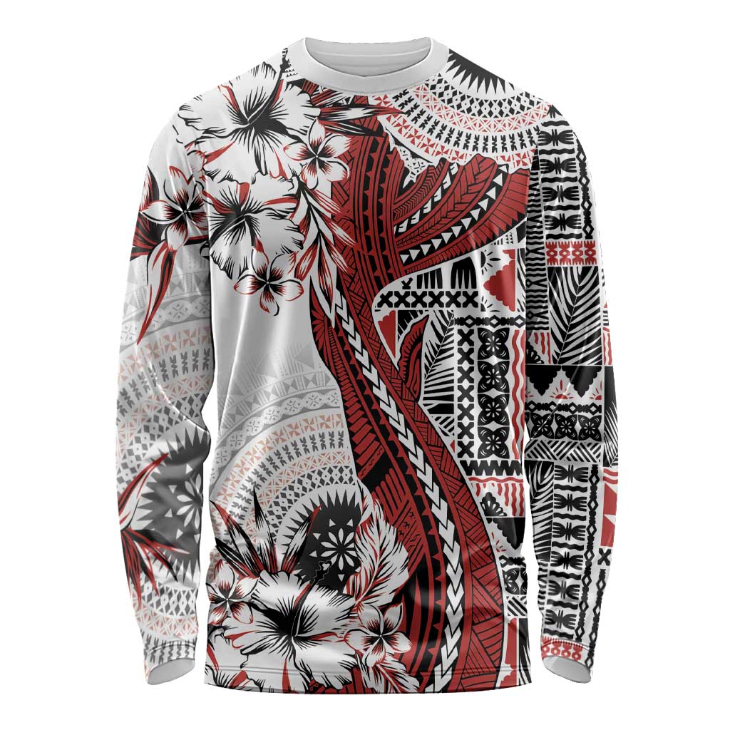 Bula Fiji Long Sleeve Shirt Shark Tail White Masi Tapa LT7 Unisex White - Polynesian Pride
