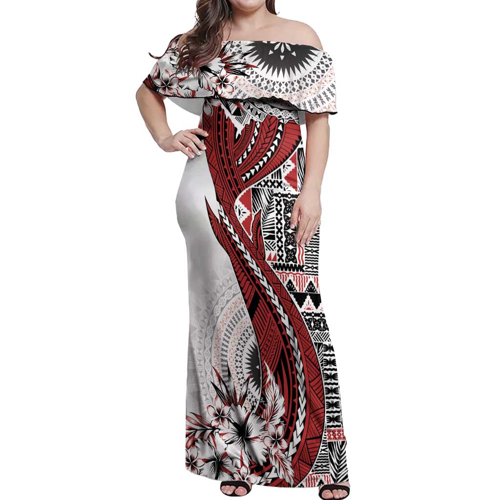 Bula Fiji Off Shoulder Maxi Dress Shark Tail White Masi Tapa LT7 Women White - Polynesian Pride
