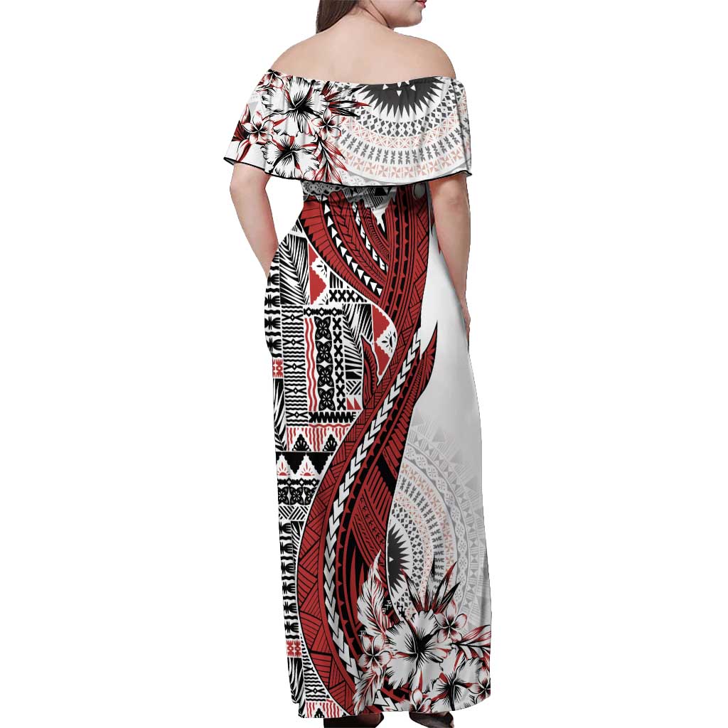 Bula Fiji Off Shoulder Maxi Dress Shark Tail White Masi Tapa LT7 - Polynesian Pride