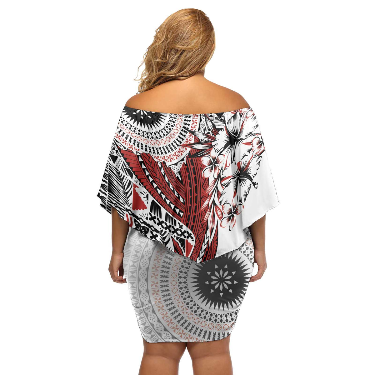 Bula Fiji Off Shoulder Short Dress Shark Tail White Masi Tapa LT7 - Polynesian Pride