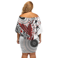 Bula Fiji Off Shoulder Short Dress Shark Tail White Masi Tapa LT7 - Polynesian Pride
