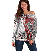 Bula Fiji Off Shoulder Sweater Shark Tail White Masi Tapa LT7 Women White - Polynesian Pride